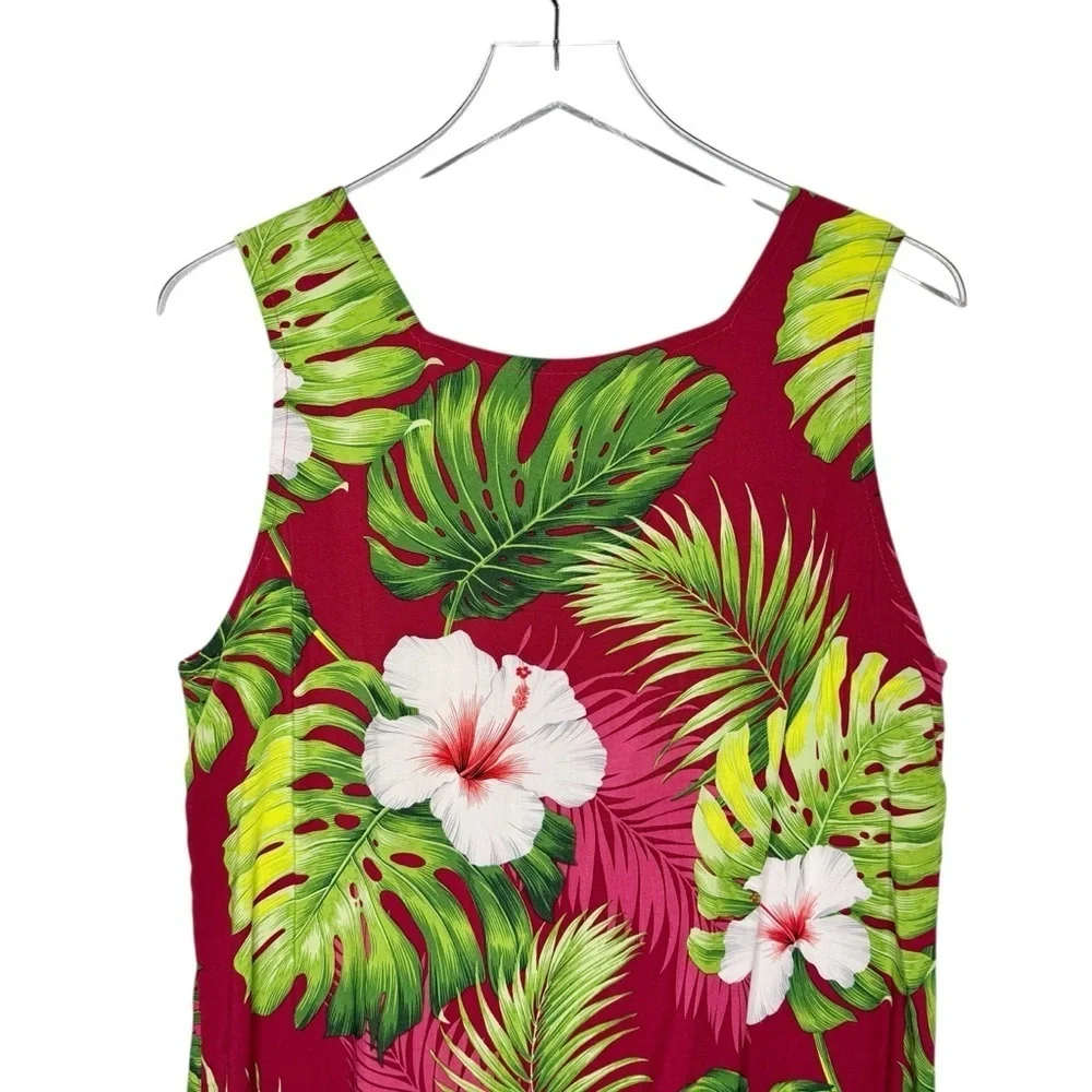 Vintage Hawaiian Red Floral Palm Pleated Square Neck Women’s Tank Blouse Sz M - Picture 8 of 10